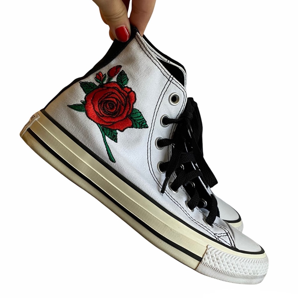 Converse White and Red Rose Embroidered High Tops